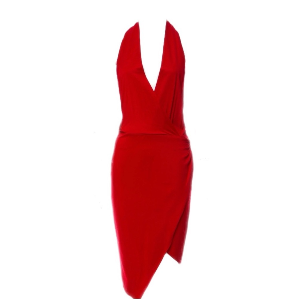 Haney red sleeveless plunge cocktail dress
